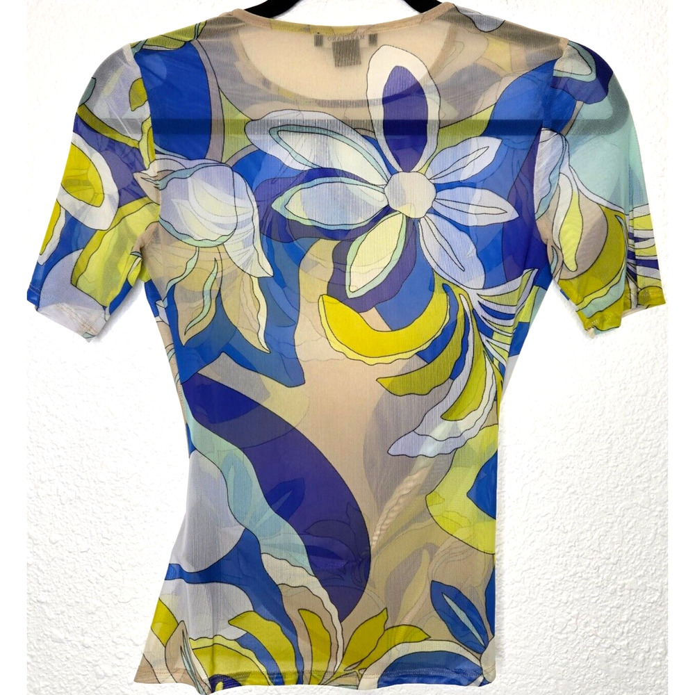 Marciano Guess‎ Womens Anouk Mesh Top XS Yellow Blue Floral Sheer Sexy Baby Tee - Picture 2 of 10